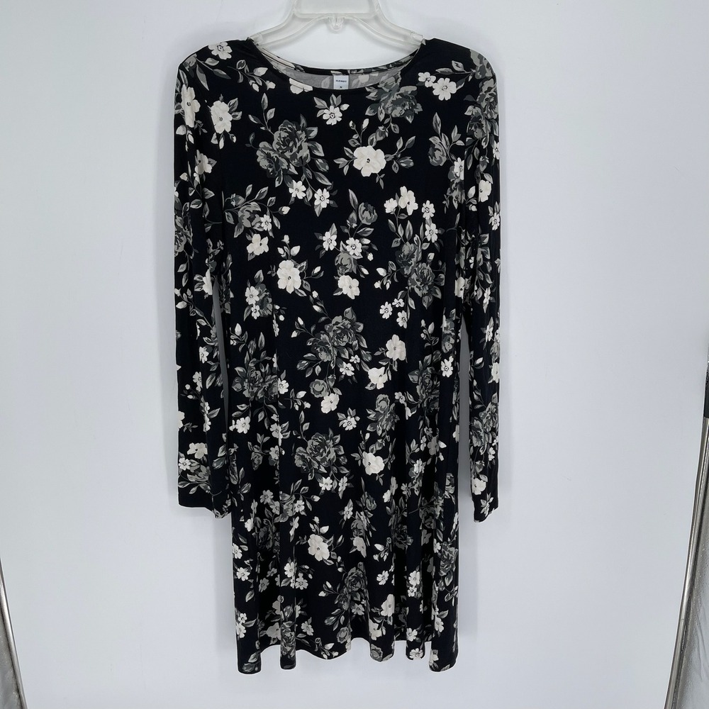 Old Navy Women's Black Floral Soft Stretch Long Sleeve Swing Dress Size M Tall